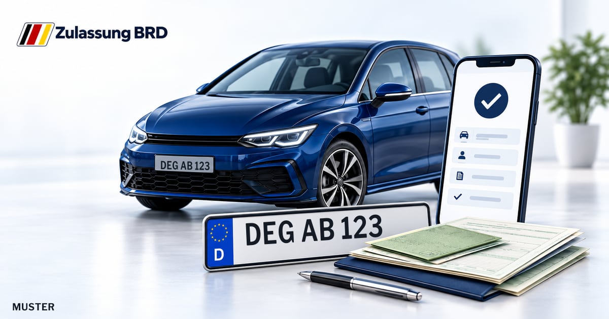 Online Fahrzeugzulassung in Deggendorf: Musterkennzeichen DEG AB 123, Auto und Fahrzeugpapiere und Smartphone. Illustration mit Logo von Zulassung BRD.